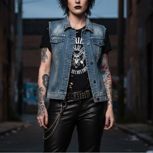 Y2K Punk Rock Studded Denim Vest | Custom B Doctors Back Patch | Size L